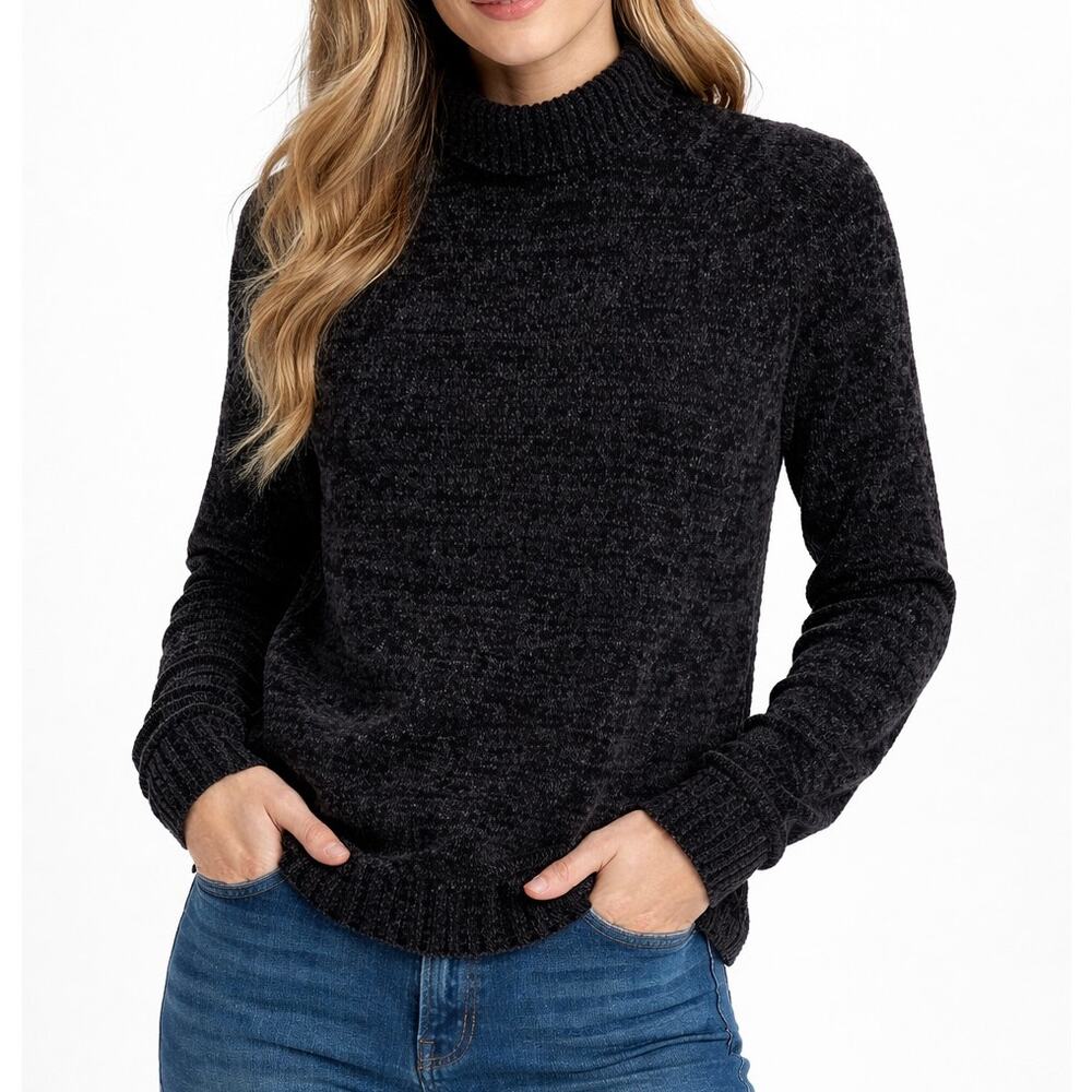 & Other Stories Metallic Chunky Knit Turtleneck Roll Mock Neck Sweater, Black